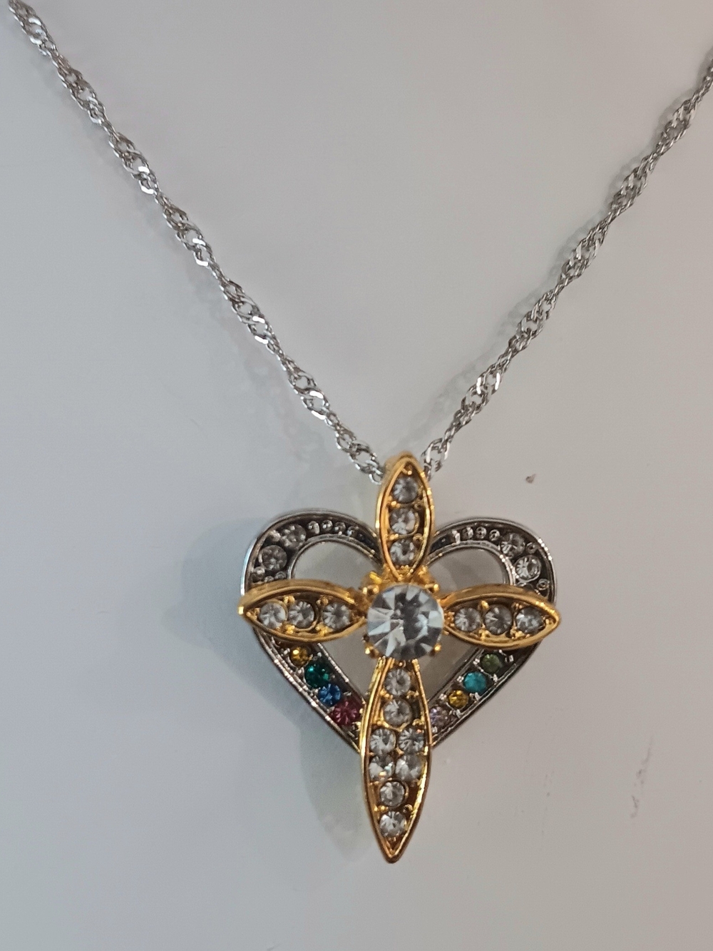 Multicolor Faux Gemstone Heart Cross Pendant Necklace in Silver and Gold - Picture 2 of 3